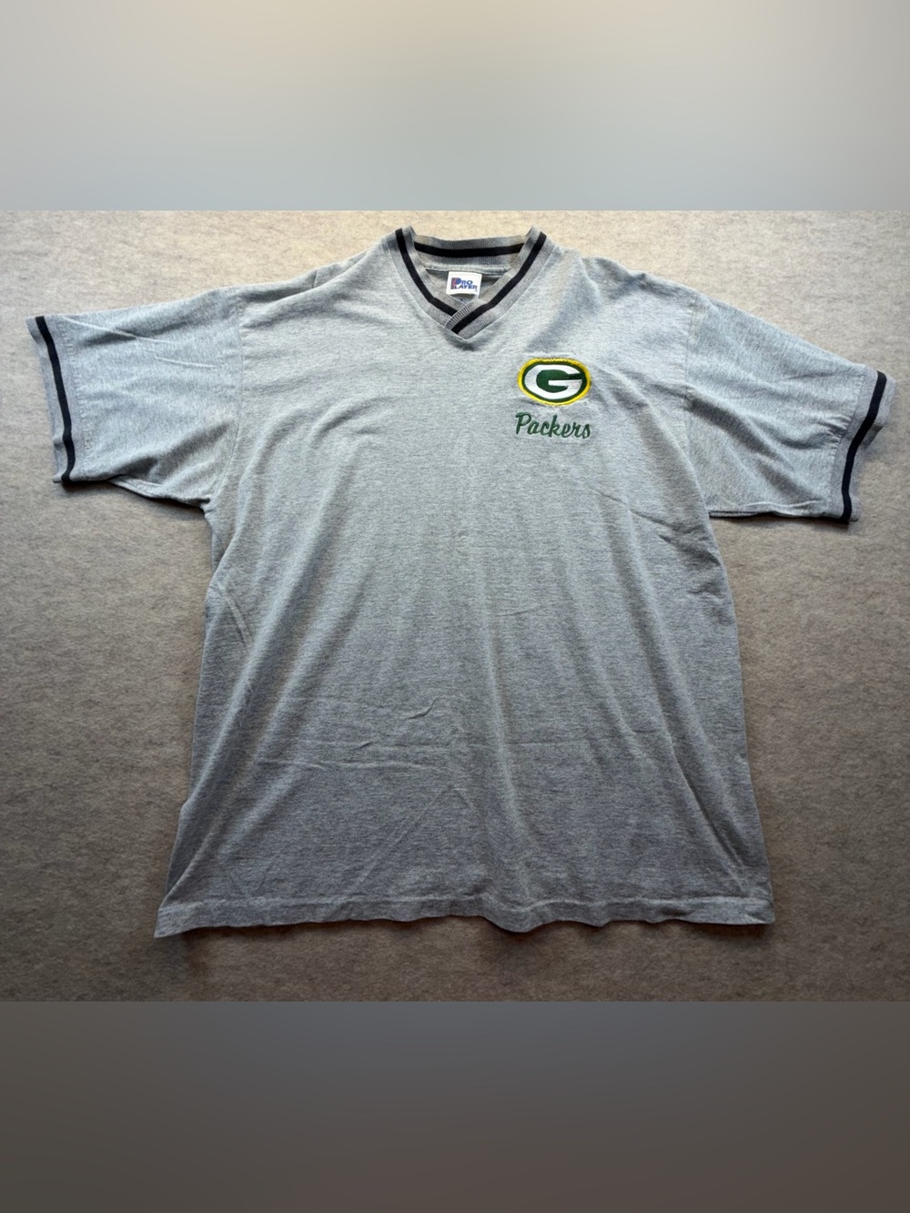 Vintage Green Bay Packers Pro Player V-Neck Shirt XL NFL Embroidered Gray